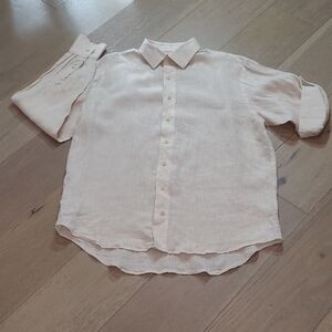 EUC Lorenzo Uomo Linen Shirt Men's sz 17 34/35 Trim Fit Beige Long Sleeve Shirt